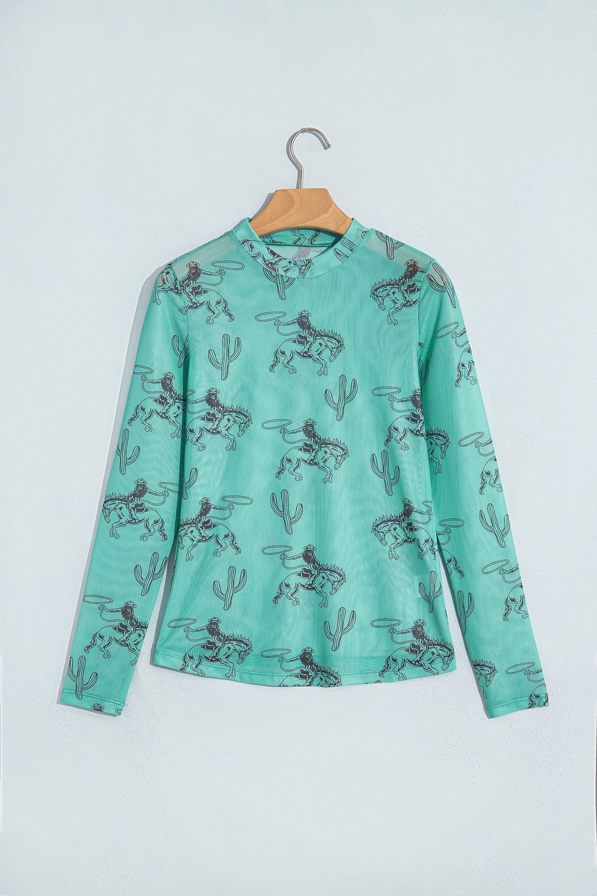 Blue Western Print High Neck Long Sleeve Mesh Top