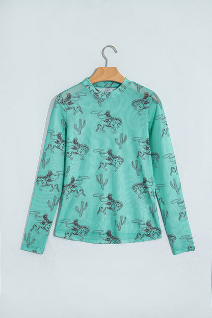 Blue Western Print High Neck Long Sleeve Mesh Top