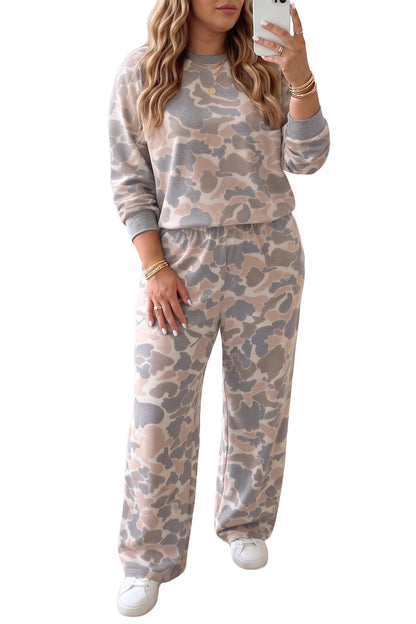 Multicolour Camouflage Long Sleeve Round Neck Two-Piece Plus Size Set