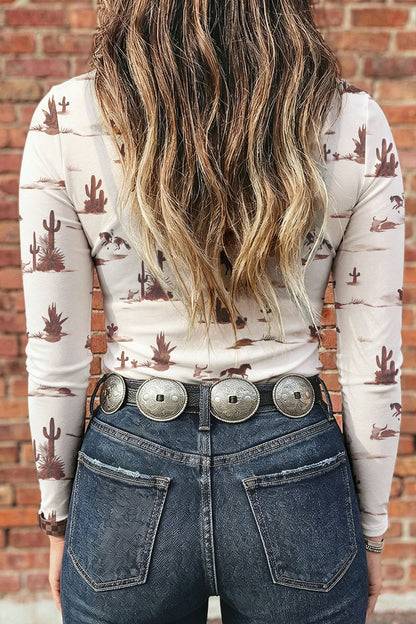 Smoke Gray Floral Print Slim Fit Mesh Long Sleeve Mock Neck Top