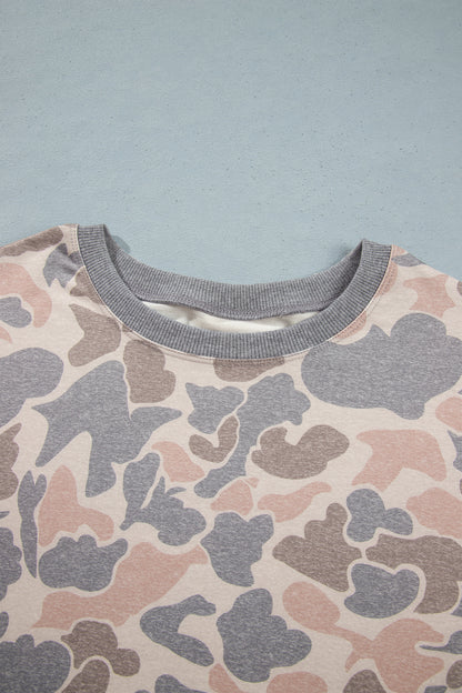 Multicolour Camouflage Long Sleeve Round Neck Two-Piece Plus Size Set