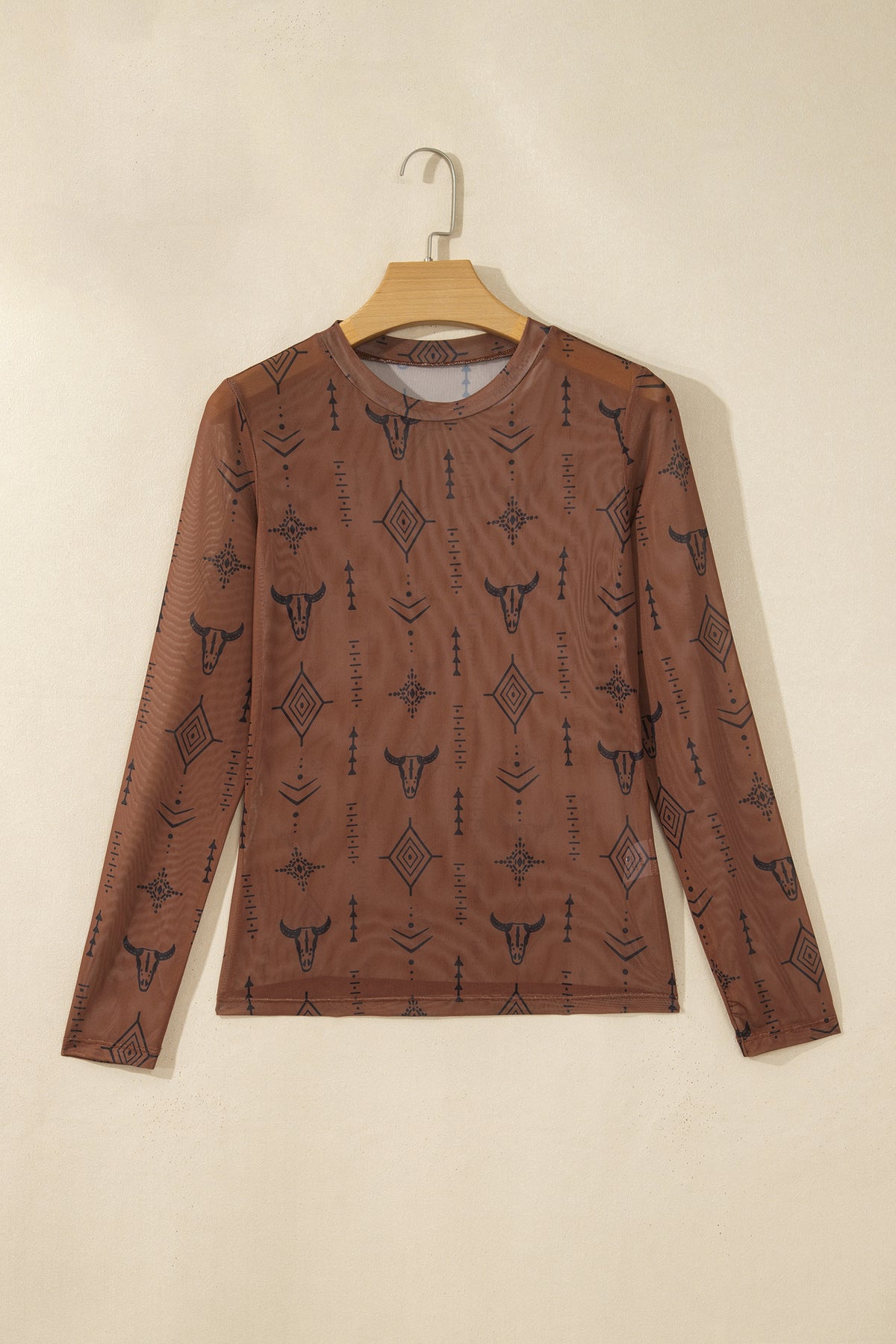 Chestnut Retro Western Print Mesh Long Sleeve Top