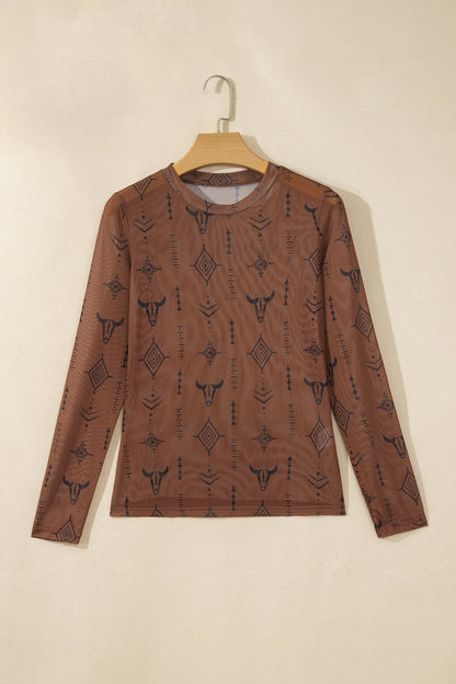 Chestnut Retro Western Print Mesh Long Sleeve Top