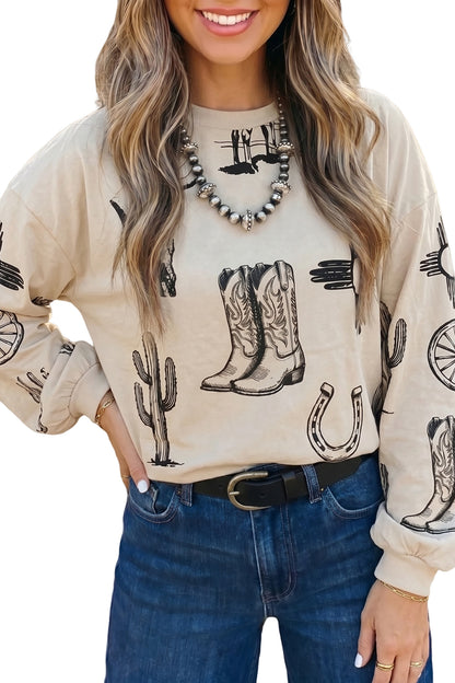 Western Print Long Sleeve Crew Neck