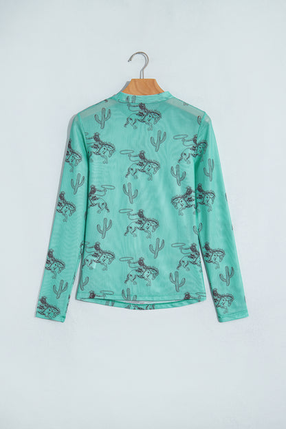 Blue Western Print High Neck Long Sleeve Mesh Top