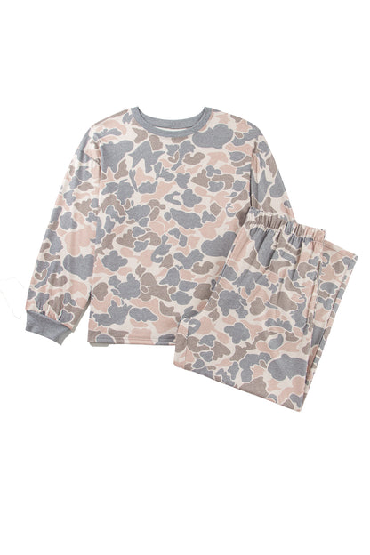 Multicolour Camouflage Long Sleeve Round Neck Two-Piece Plus Size Set