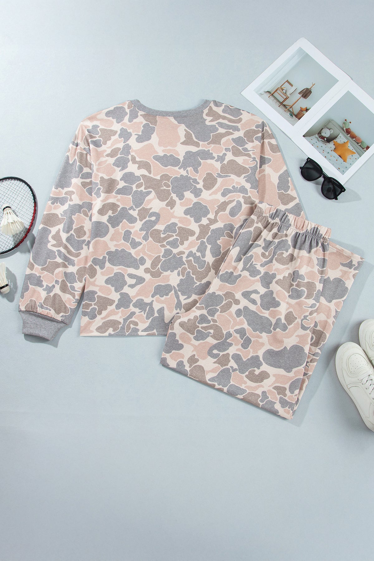 Multicolour Camouflage Long Sleeve Round Neck Two-Piece Plus Size Set