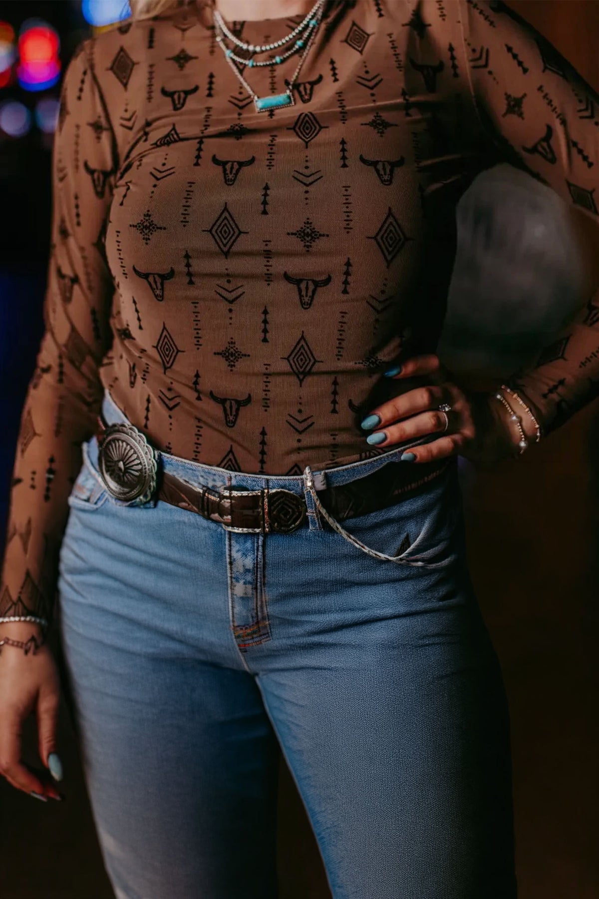 Chestnut Retro Western Print Mesh Long Sleeve Top