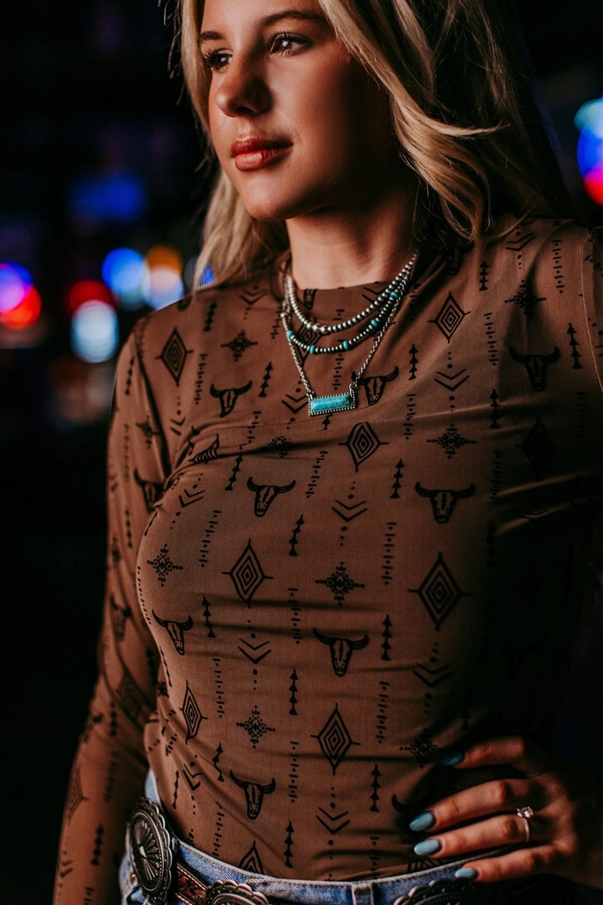 Chestnut Retro Western Print Mesh Long Sleeve Top