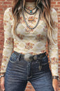 Smoke Gray Floral Print Slim Fit Mesh Long Sleeve Mock Neck Top