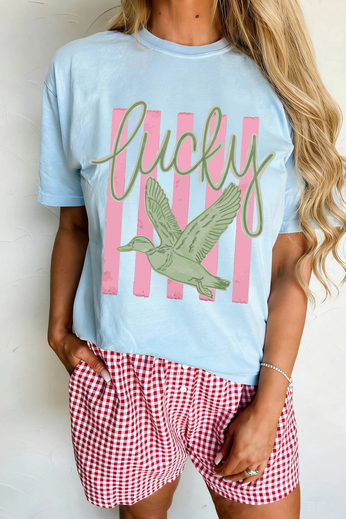 Light Blue Lucky Duck Casual Round Neck T Shirt
