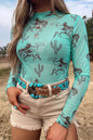 Blue Western Print High Neck Long Sleeve Mesh Top