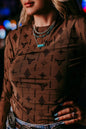 Chestnut Retro Western Print Mesh Long Sleeve Top