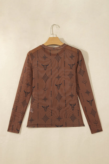 Chestnut Retro Western Print Mesh Long Sleeve Top