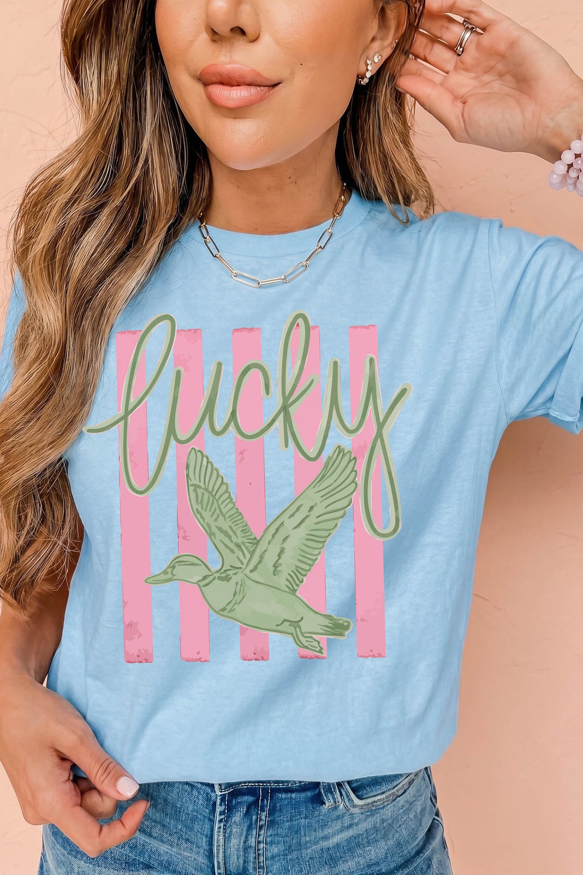 Light Blue Lucky Duck Casual Round Neck T Shirt