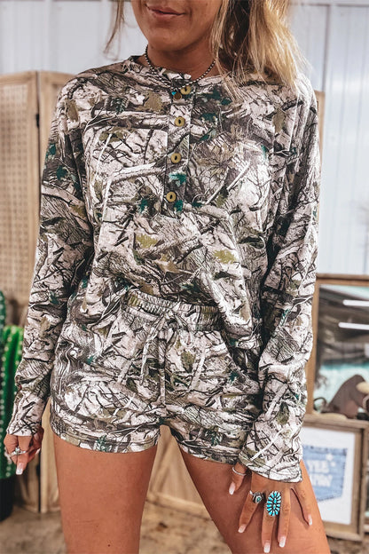 Brown Camo Henley Two-Piece Set