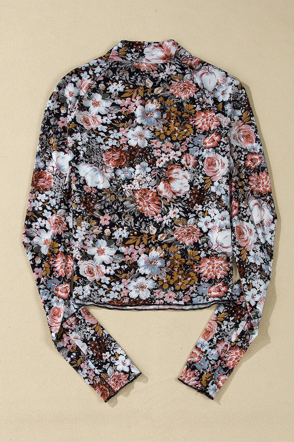Brown Floral Long Sleeve High Neck Mesh Top