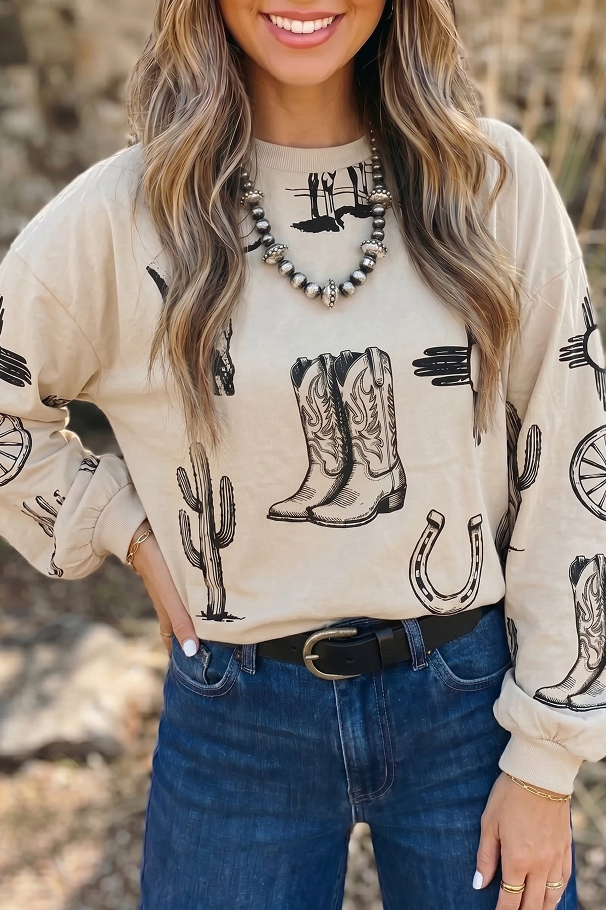 Western Print Long Sleeve Crew Neck