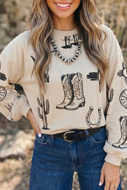 Western Print Long Sleeve Crew Neck