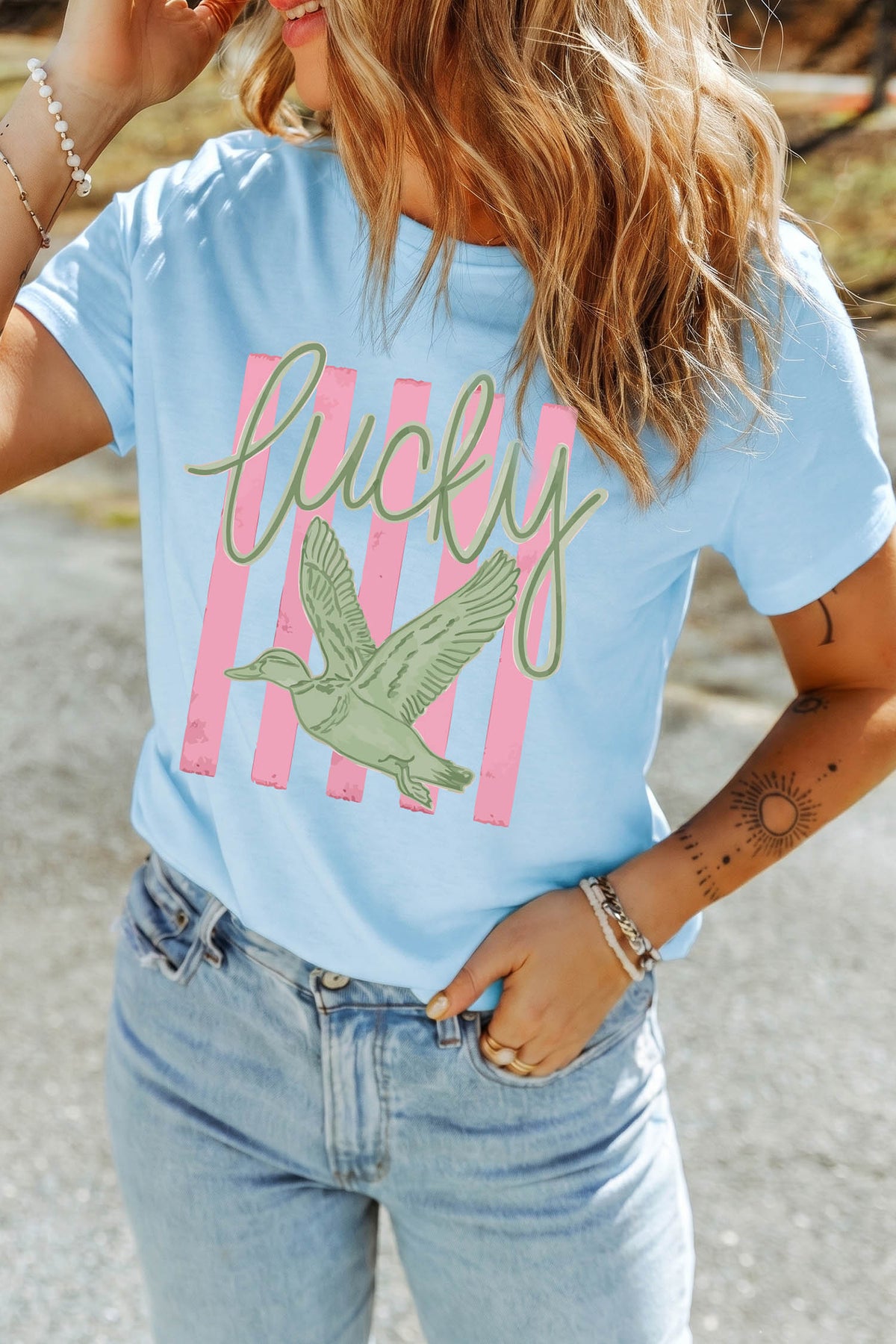 Light Blue Lucky Duck Casual Round Neck T Shirt