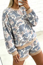 Multicolour Camouflage Patchwork Colorblock 2pcs Long Sleeve Top and Shorts Set