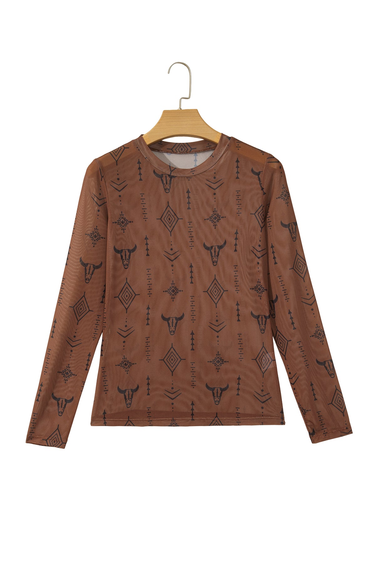 Chestnut Retro Western Print Mesh Long Sleeve Top