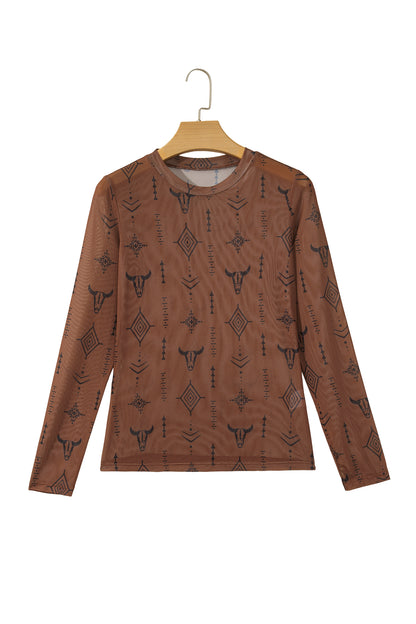 Chestnut Retro Western Print Mesh Long Sleeve Top