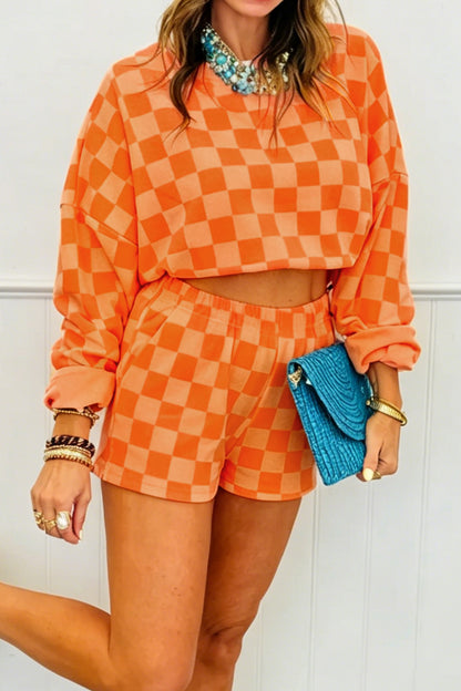 Dark Blue Plaid Checkered Long Sleeve Crop Top Elastic Waist Shorts Two Piece Set