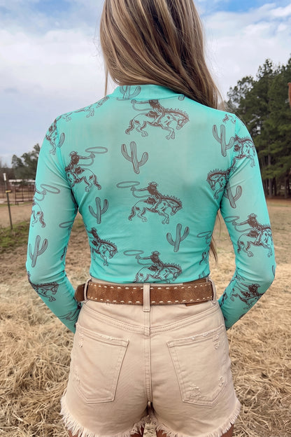 Blue Western Print High Neck Long Sleeve Mesh Top