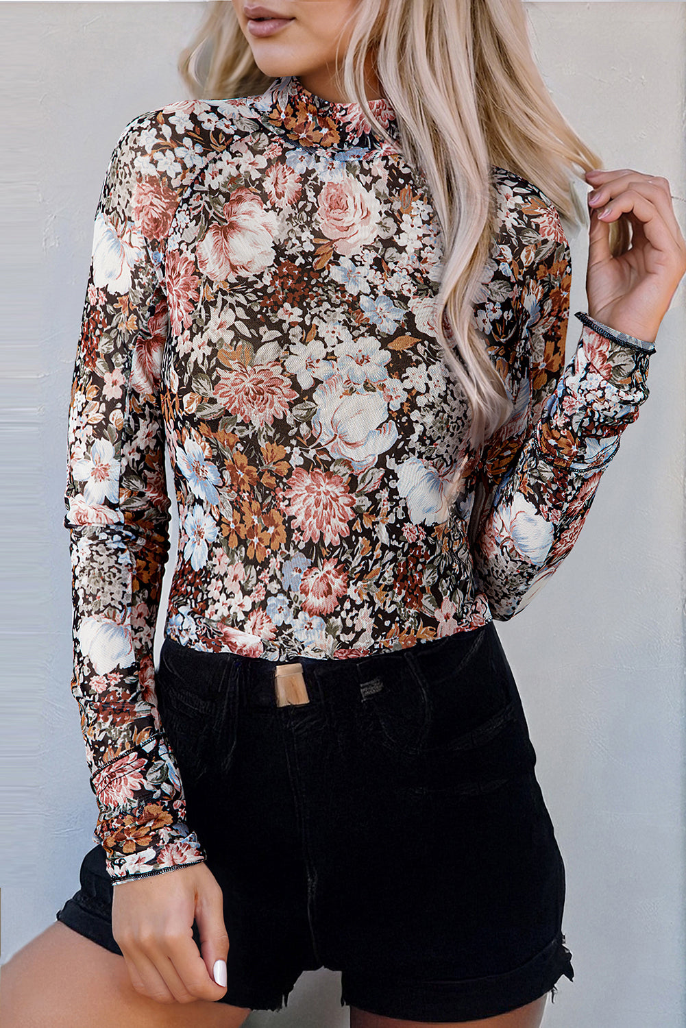 Brown Floral Long Sleeve High Neck Mesh Top