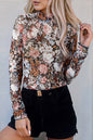 Brown Floral Long Sleeve High Neck Mesh Top