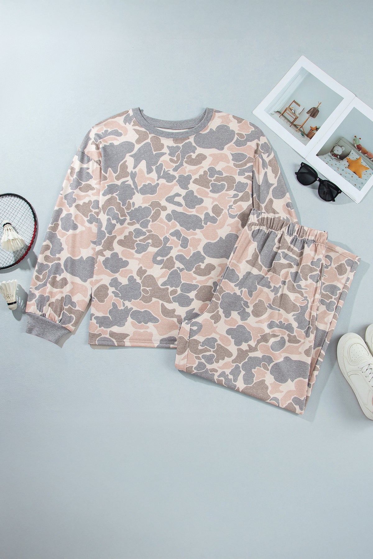 Multicolour Camouflage Long Sleeve Round Neck Two-Piece Plus Size Set