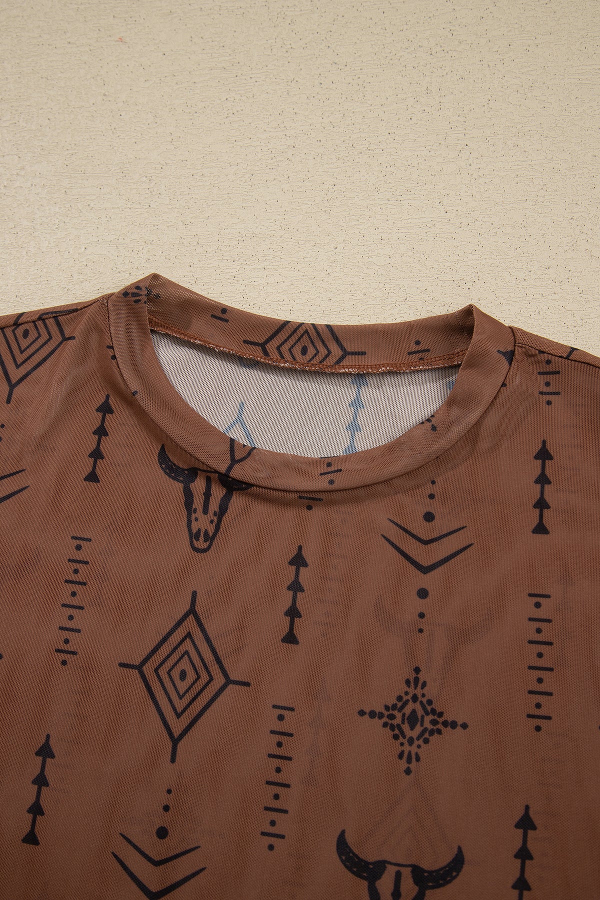 Chestnut Retro Western Print Mesh Long Sleeve Top