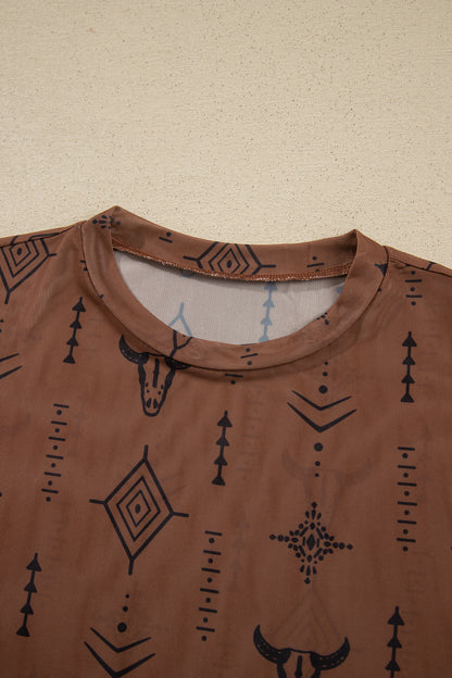 Chestnut Retro Western Print Mesh Long Sleeve Top