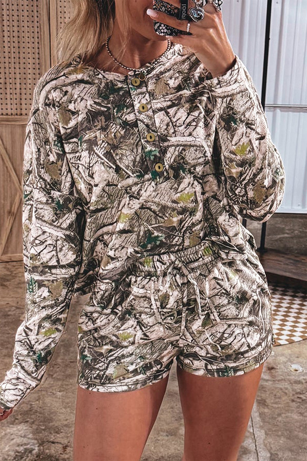 Brown Camo Henley Two-Piece Set