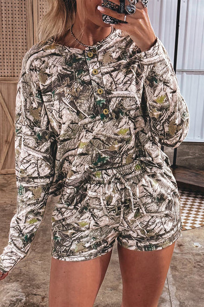 Brown Camo Henley Two-Piece Set