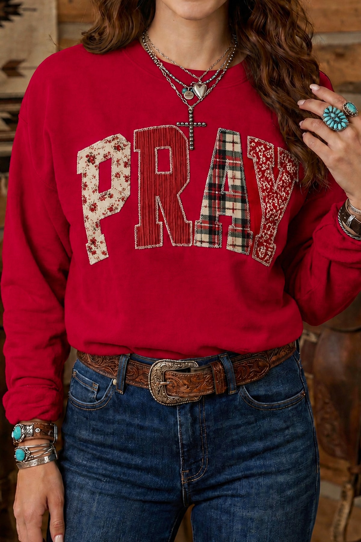 PRAY Floral Buffalo Plaid Western Pullover